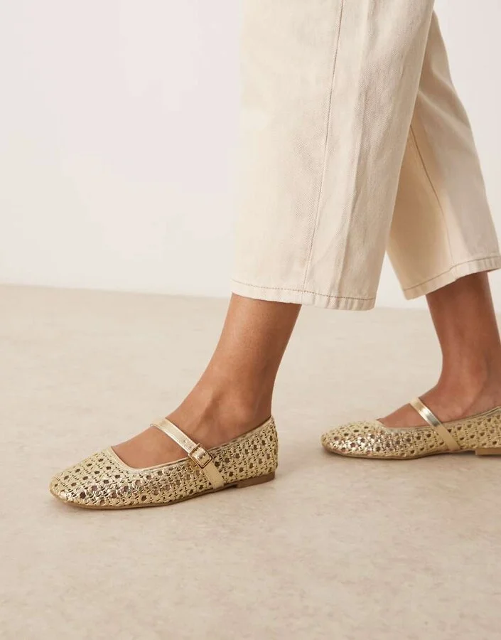 ASOS DESIGN Lottie mary jane ballet flats in gold weave - Image 2