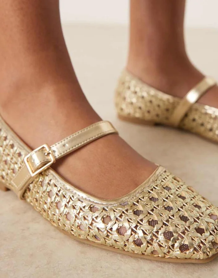ASOS DESIGN Lottie mary jane ballet flats in gold weave - Image 3