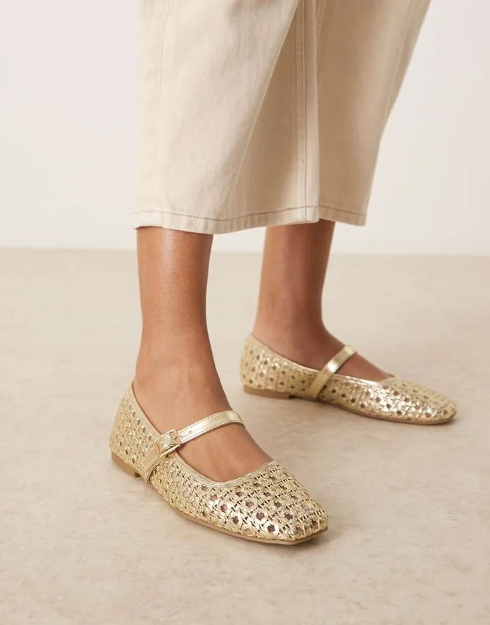 ASOS DESIGN Lottie mary jane ballet flats in gold weave - Image 4