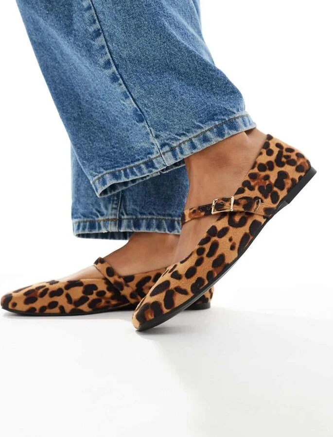 ASOS DESIGN Lottie Mary Jane Ballet Flats in leopard suedette