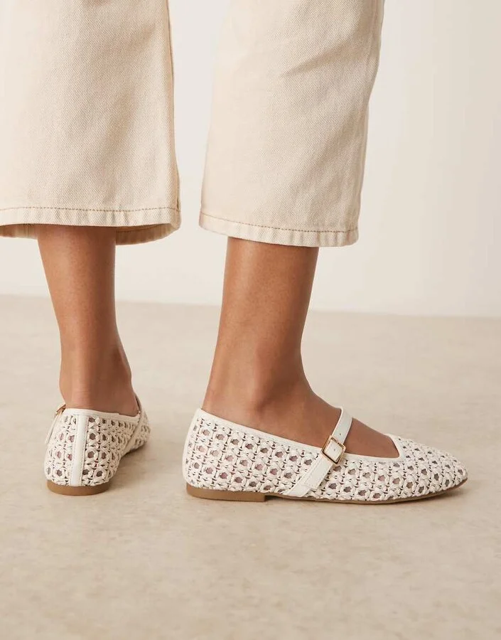 ASOS DESIGN Lottie mary jane ballet flats in off-white weave - Image 2