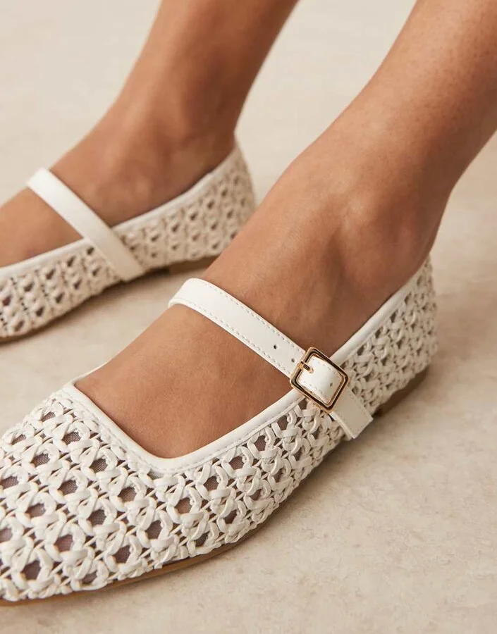 ASOS DESIGN Lottie mary jane ballet flats in off-white weave - Image 3