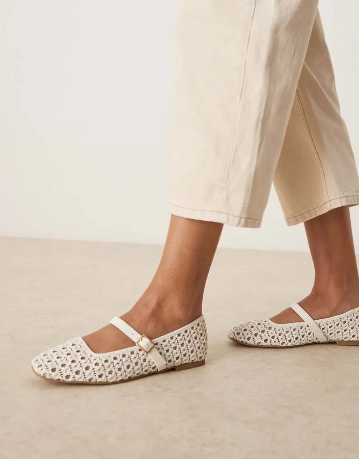 ASOS DESIGN Lottie mary jane ballet flats in off-white weave - Image 4