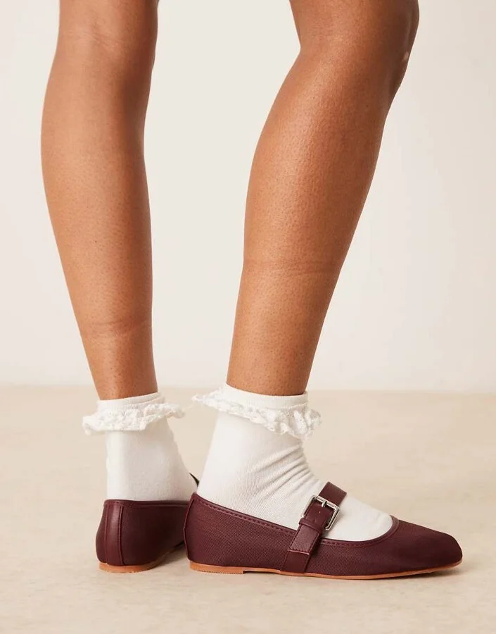 ASOS DESIGN Lou mary jane ballet flats in burgundy textile - Image 3