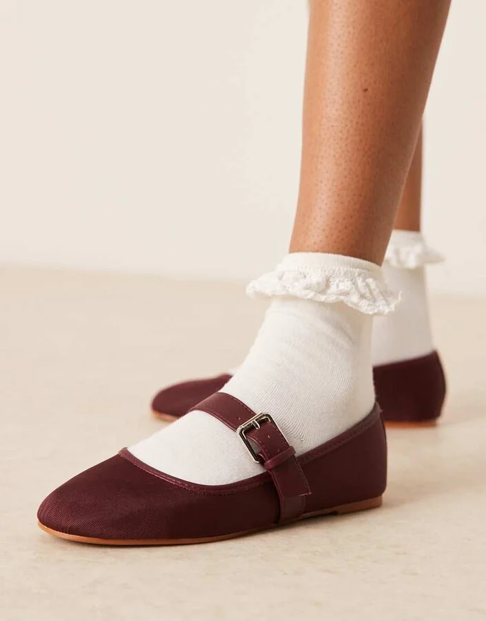 ASOS DESIGN Lou mary jane ballet flats in burgundy textile