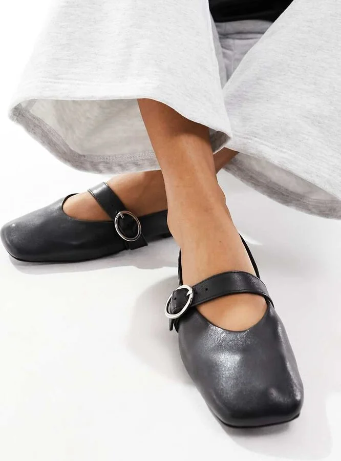 ASOS DESIGN Luxe Premium Leather Mary Jane ballet flats in black