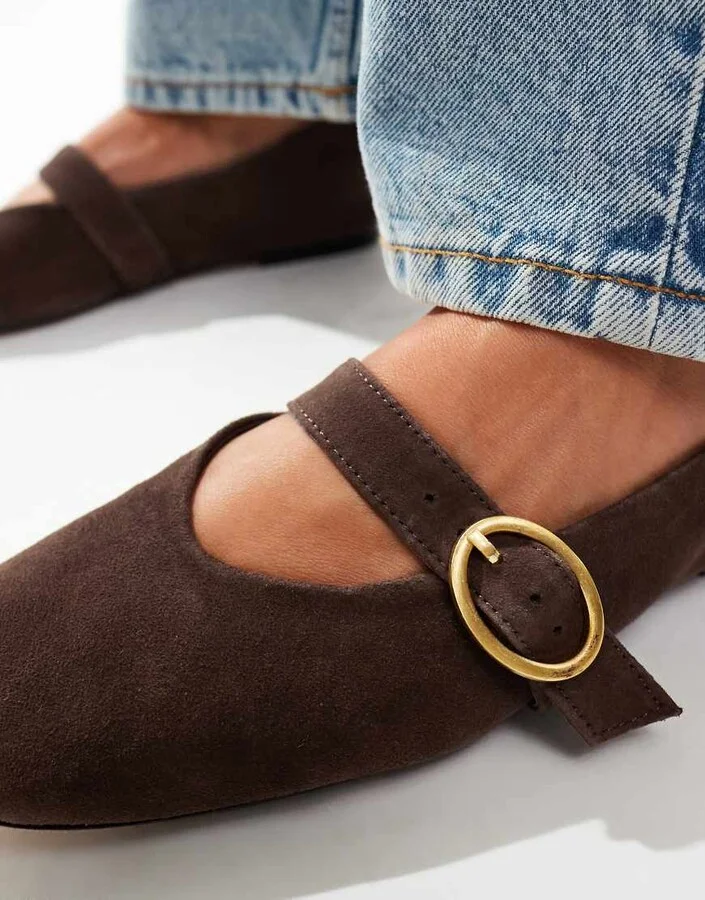 ASOS DESIGN Luxe Premium Leather Mary Jane ballet flats in brown - Image 2
