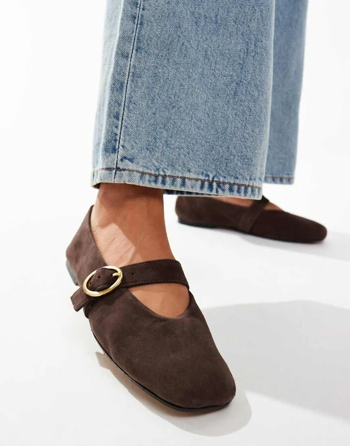 ASOS DESIGN Luxe Premium Leather Mary Jane ballet flats in brown - Image 4
