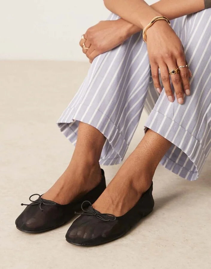 ASOS DESIGN Lynette high vamp ballet flats in black mesh