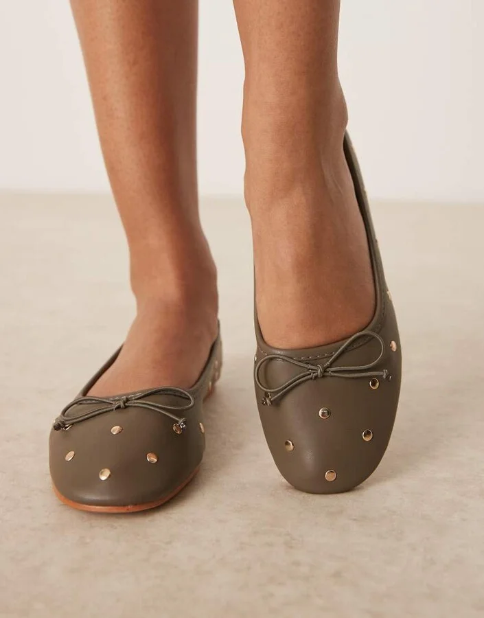 ASOS DESIGN Lynette high vamp studded ballet flats in khaki - Image 3