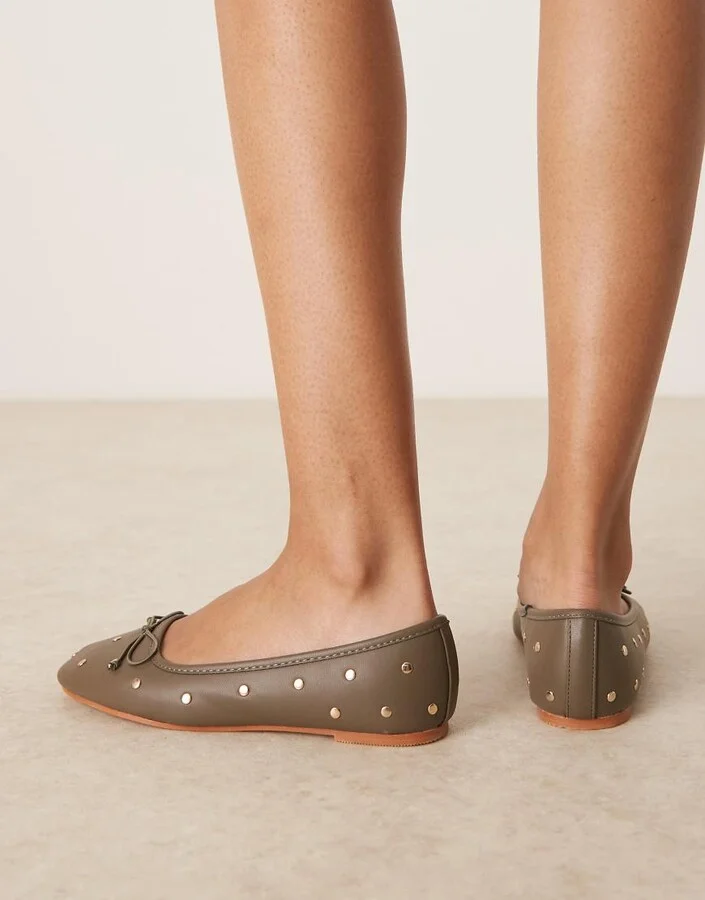 ASOS DESIGN Lynette high vamp studded ballet flats in khaki - Image 4