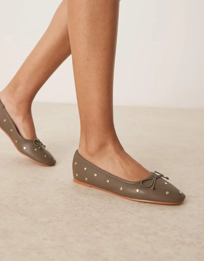 ASOS DESIGN Lynette high vamp studded ballet flats in khaki
