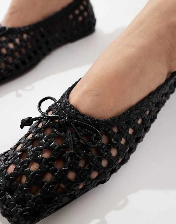 ASOS DESIGN Lysandra leather high-vamp ballet flats in black weave - Image 2