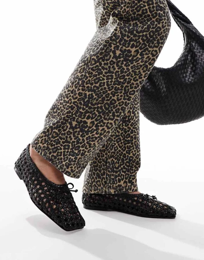 ASOS DESIGN Lysandra leather high-vamp ballet flats in black weave - Image 3