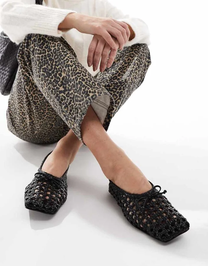 ASOS DESIGN Lysandra leather high-vamp ballet flats in black weave