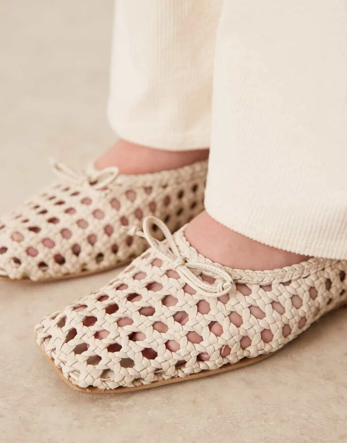 ASOS DESIGN Lysandra leather high-vamp ballet flats in off-white weave - Image 4