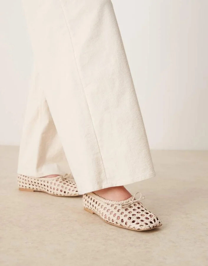 ASOS DESIGN Lysandra leather high-vamp ballet flats in off-white weave