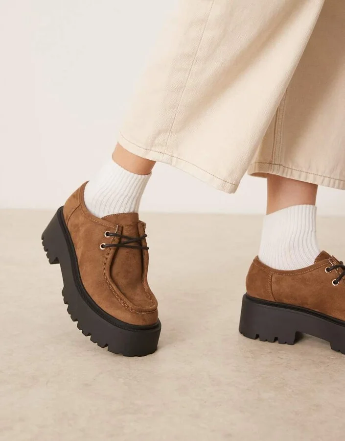 ASOS DESIGN Marley lace-up flat shoes in taupe suedette - Image 4