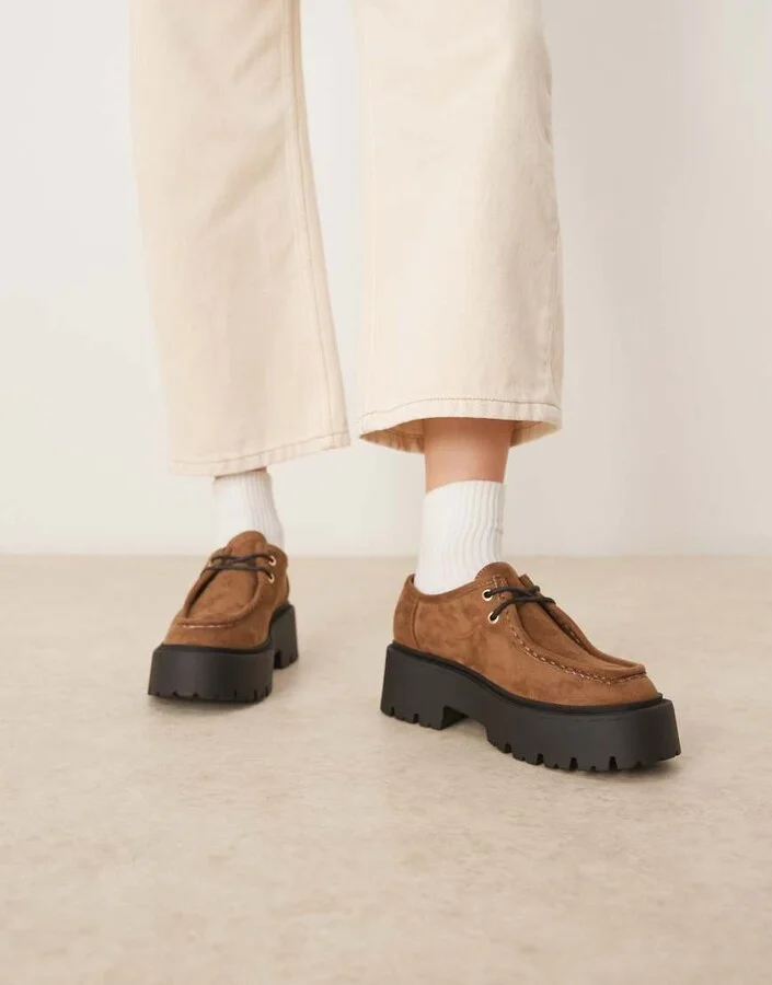 ASOS DESIGN Marley lace-up flat shoes in taupe suedette