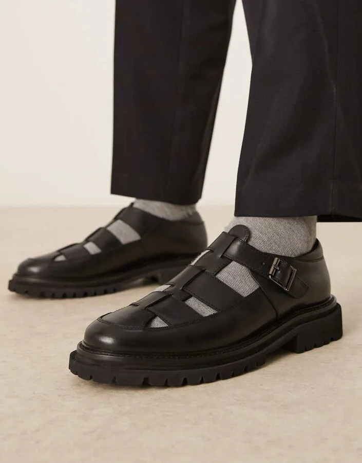 ASOS DESIGN mary janes in black leather with cleated sole