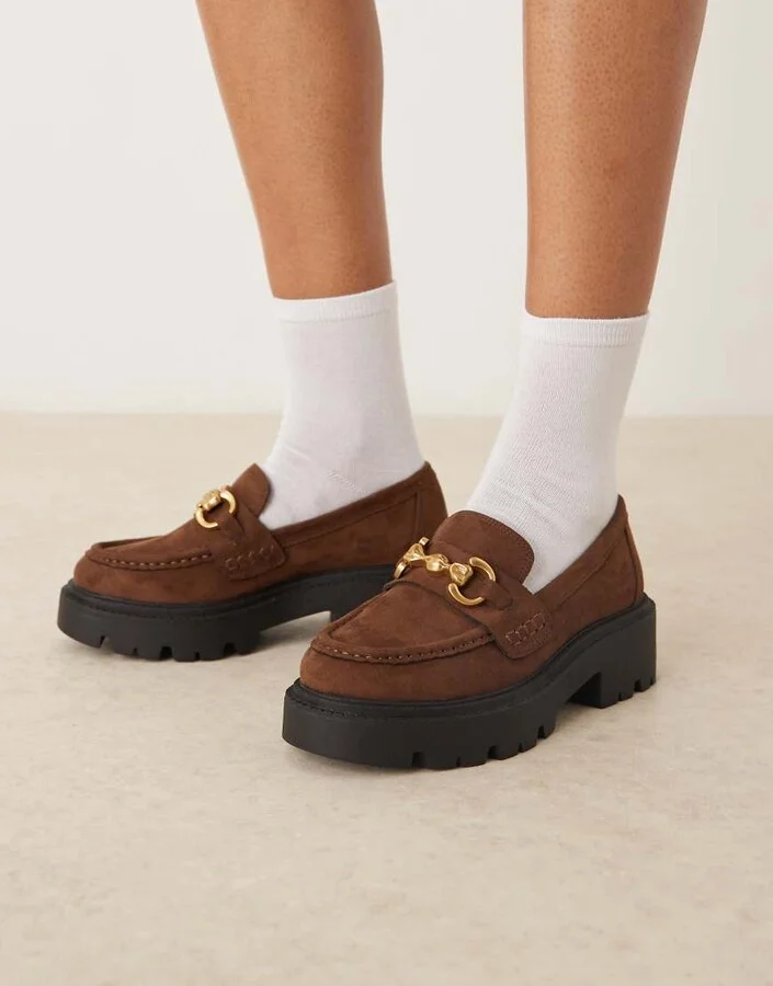 ASOS DESIGN Milan chunky chain detail loafers in chocolate suedette