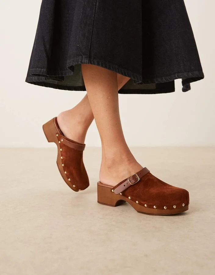 ASOS DESIGN Miles closed-toe studded clogs in tan suede