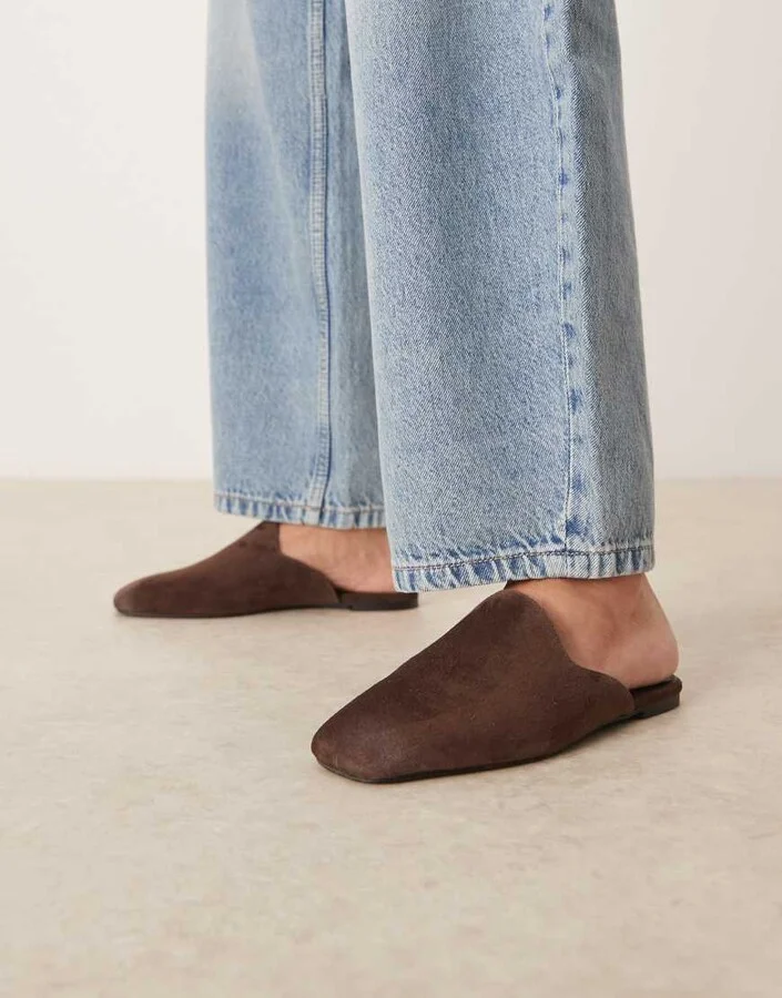 ASOS DESIGN Mimic premium flat mules in chocolate suede