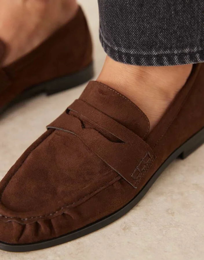 ASOS DESIGN Minnie ruched detail loafer in brown suedette - Image 3