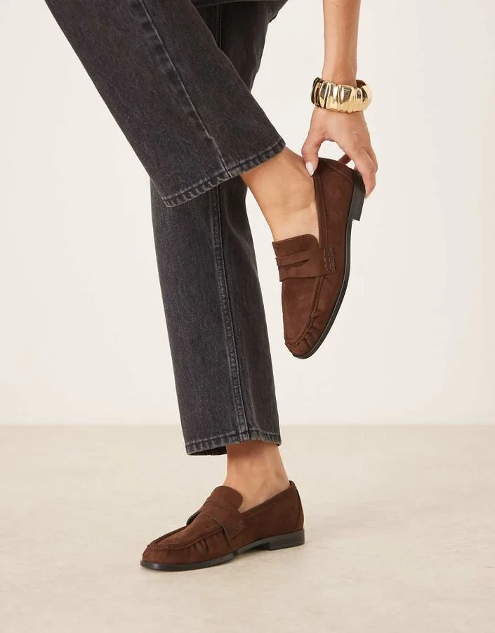 ASOS DESIGN Minnie ruched detail loafer in brown suedette
