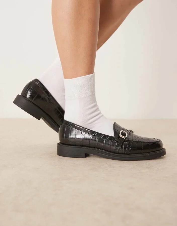 ASOS DESIGN Molly double buckle loafers in black croc - Image 2