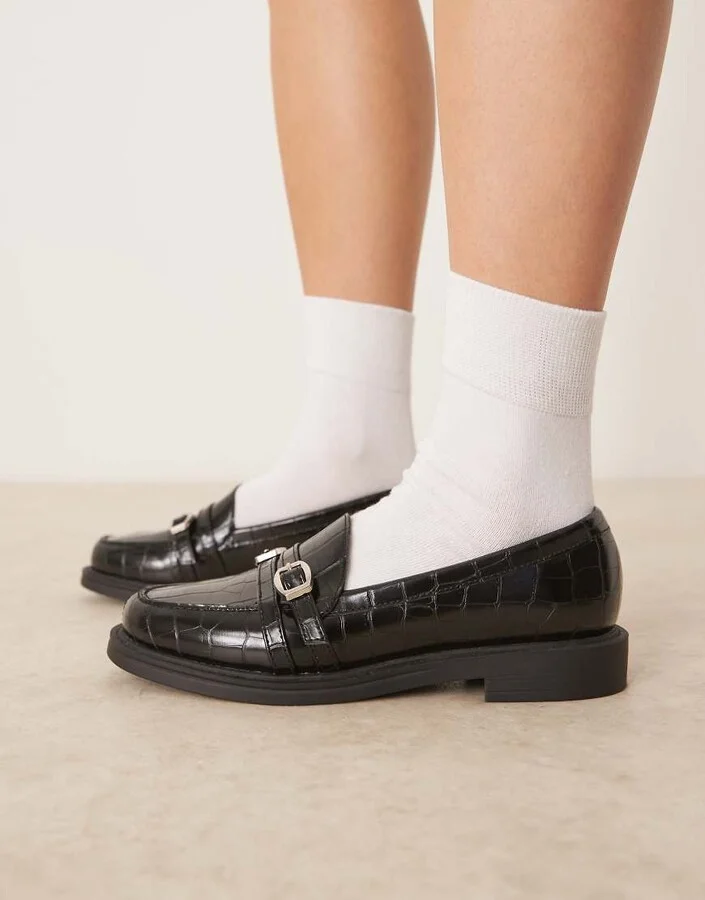 ASOS DESIGN Molly double buckle loafers in black croc