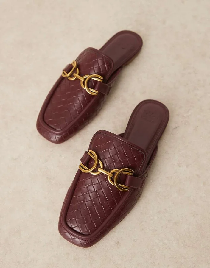 ASOS DESIGN Mosaic flat loafer mules in burgundy weave - Image 2