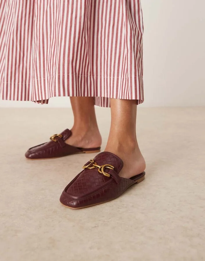 ASOS DESIGN Mosaic flat loafer mules in burgundy weave - Image 4