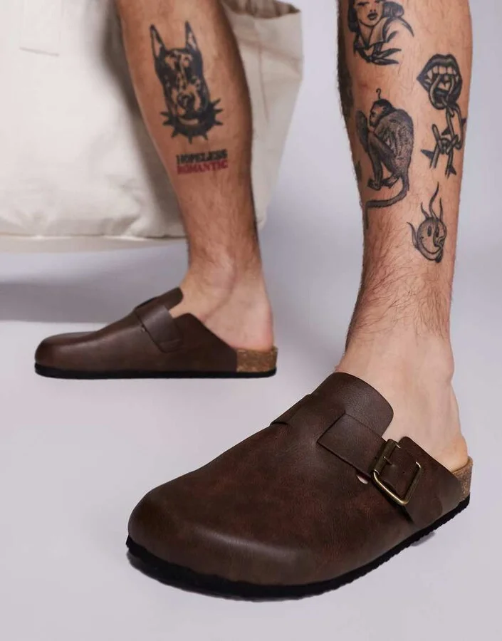 ASOS DESIGN mule clog sandals in brown with cork soles