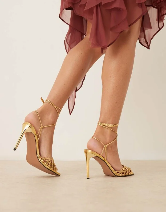 ASOS DESIGN Nadine knotted high heeled sandals in gold - Image 3