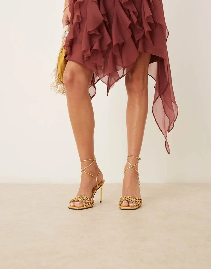 ASOS DESIGN Nadine knotted high heeled sandals in gold - Image 4