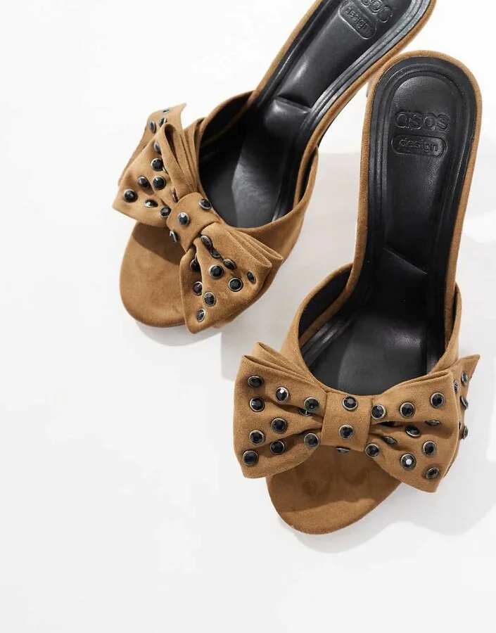 ASOS DESIGN Natter bow detail high heeled mules in sand - Image 2