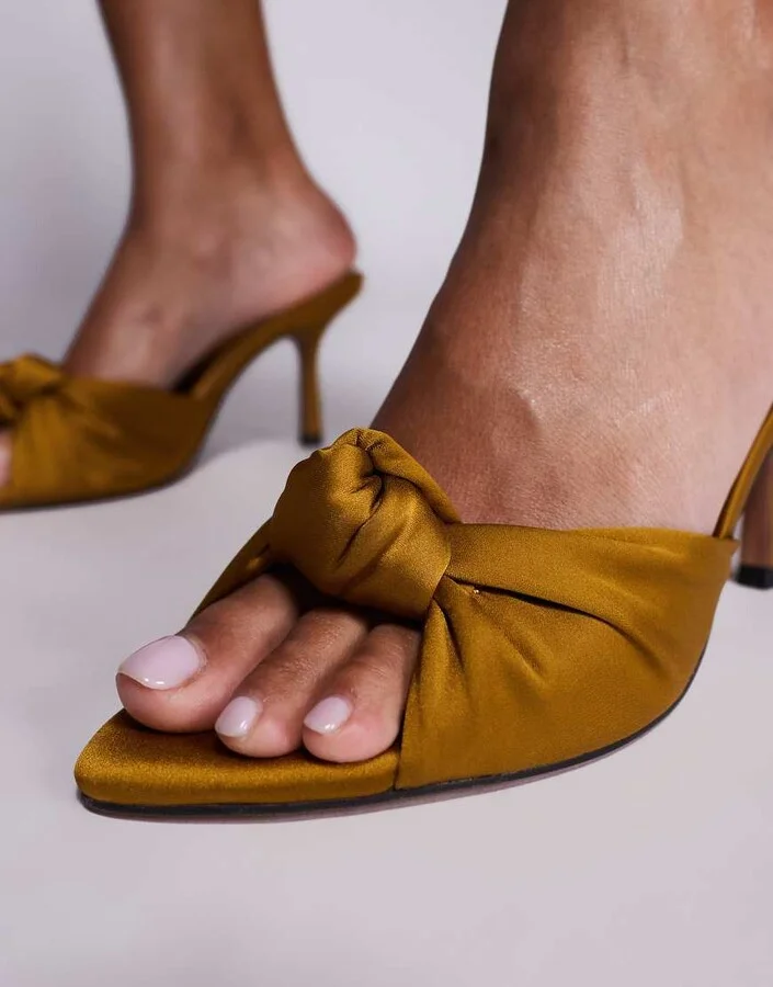 ASOS DESIGN Nemo knot detail high heel mules in ochre satin - Image 3
