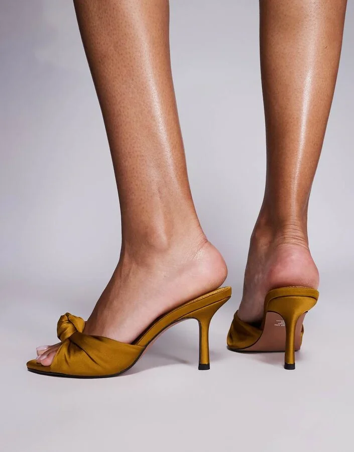 ASOS DESIGN Nemo knot detail high heel mules in ochre satin - Image 4