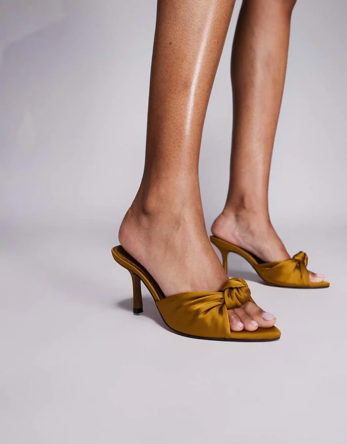 ASOS DESIGN Nemo knot detail high heel mules in ochre satin