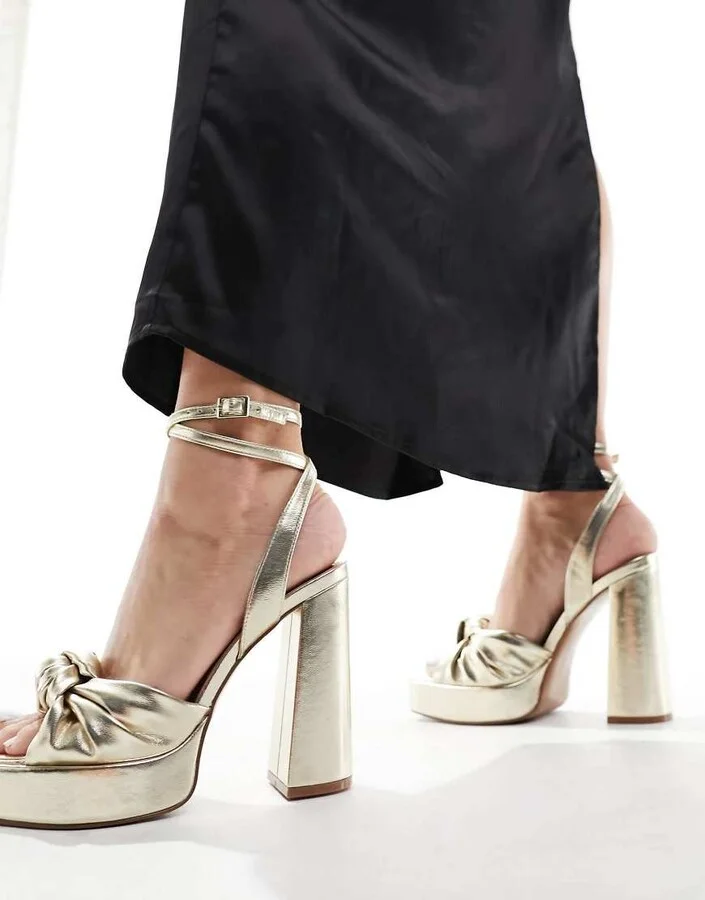 ASOS DESIGN Nikita knotted platform heeled sandals in gold - Image 4