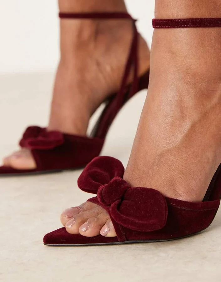 ASOS DESIGN Ninja bow pointed high heeled sandals in burgundy - Image 3