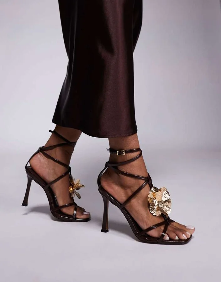 ASOS DESIGN Nobel flower detail caged high heeled sandals in brown