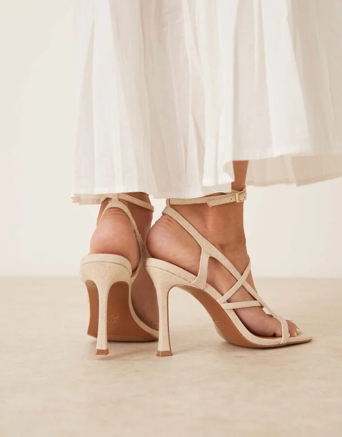 ASOS DESIGN Nutty caged high heeled sandals in natural linen - Image 2