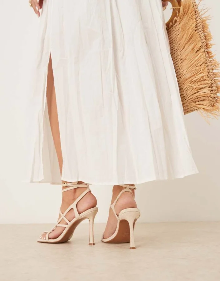 ASOS DESIGN Nutty caged high heeled sandals in natural linen - Image 4