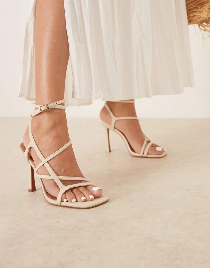 ASOS DESIGN Nutty caged high heeled sandals in natural linen