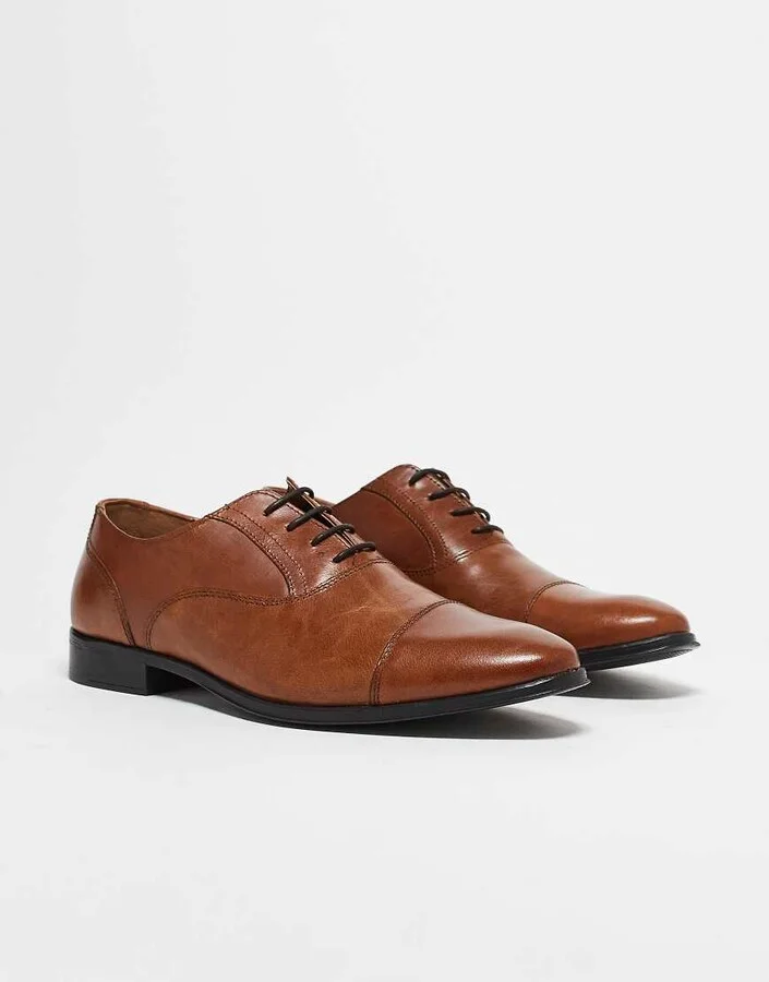 ASOS DESIGN oxford shoes in tan leather with toe cap - Image 2