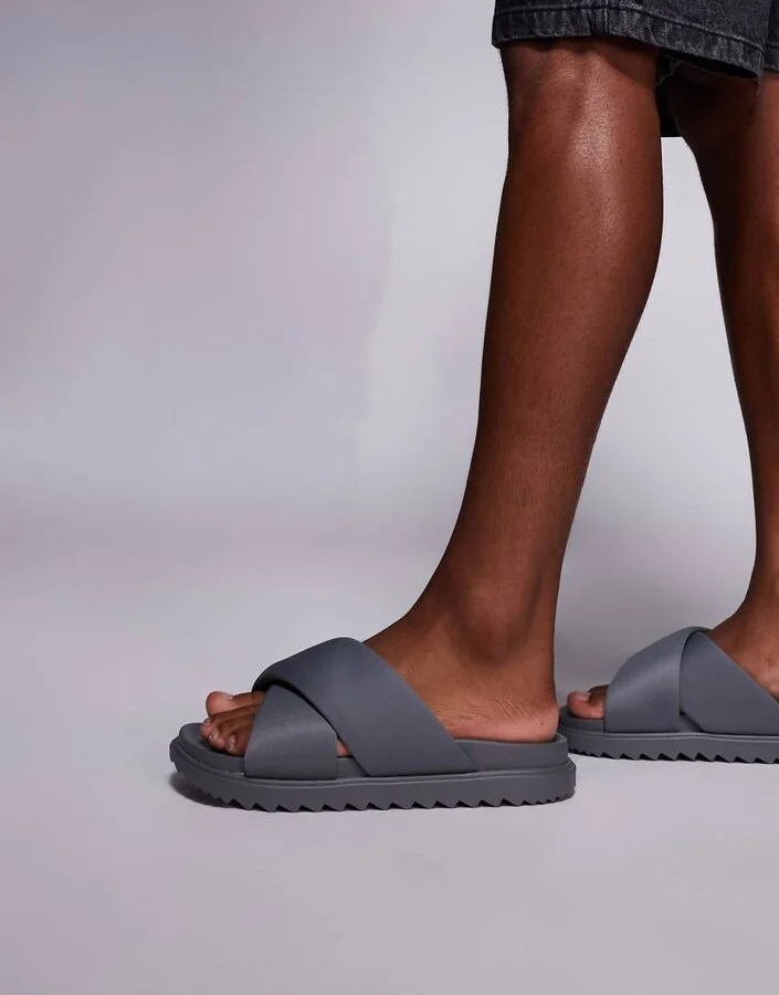 ASOS DESIGN padded cross over strap sandals in gray