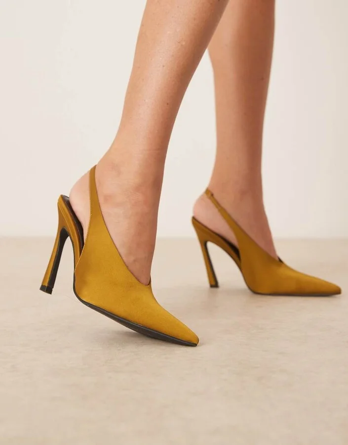 ASOS DESIGN Paloma slingback high heel shoes in ochre satin - Image 4