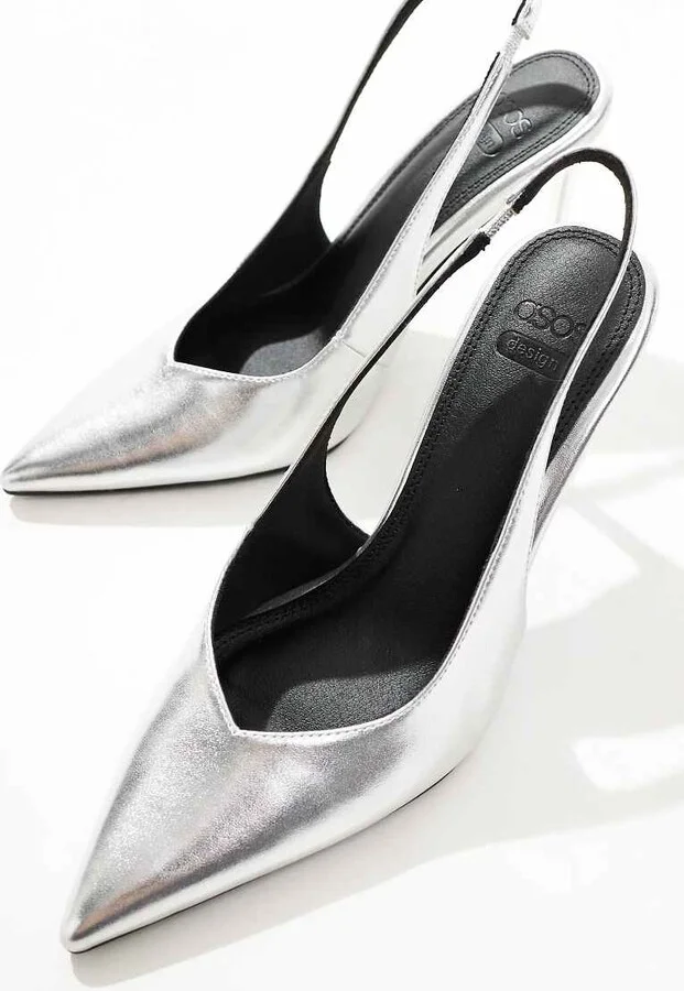 ASOS DESIGN Panther pointed slingback high heeled pumps in silver - Image 2